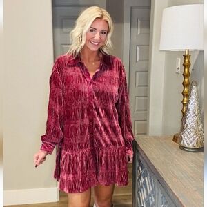 Lalavon Fuchsia Velvet Long Sleeve Button Down Ruched Mini Dress Size M
